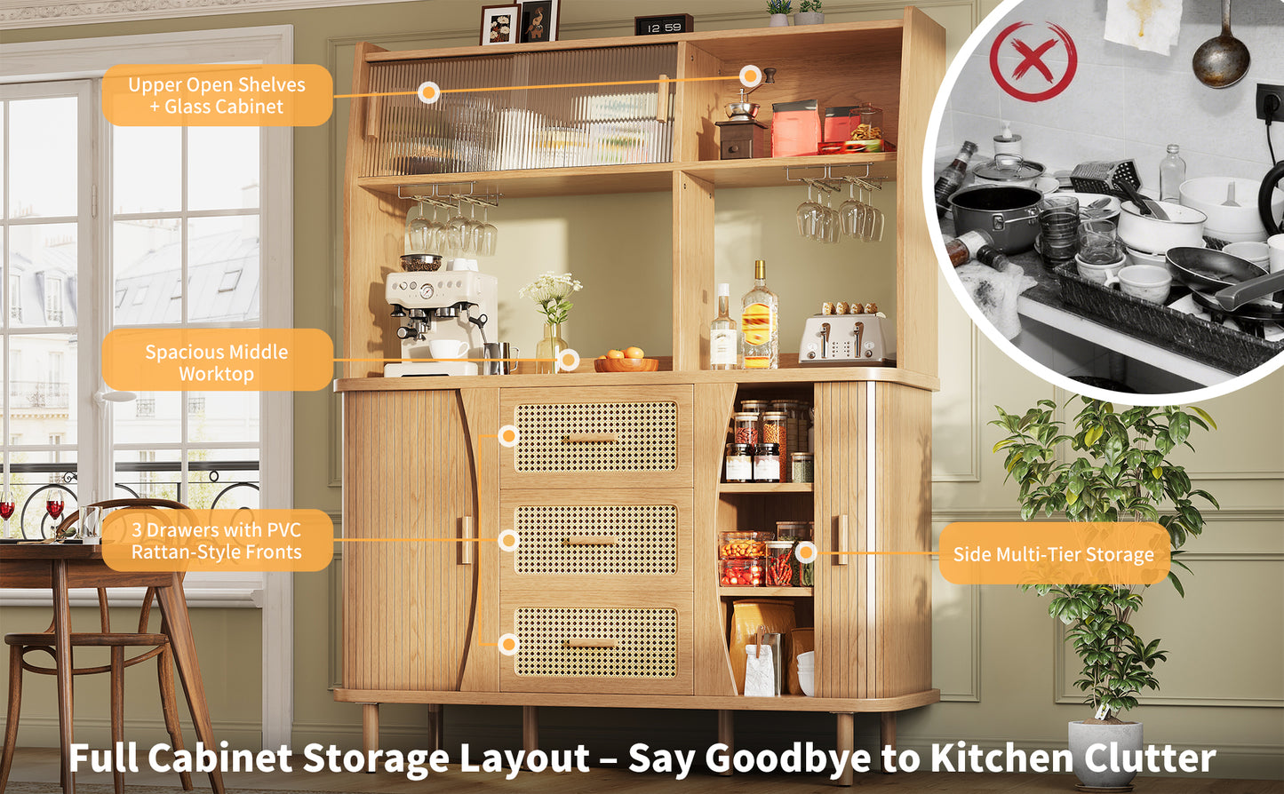 High-Quality Rattan Buffet Cabinet with Glass Doors and Storage