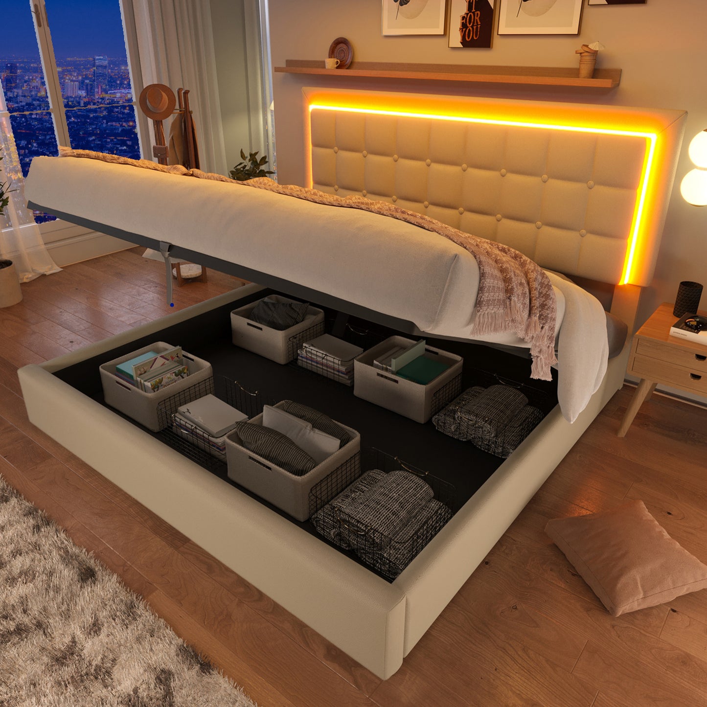 Gigab2b original image - Polsterbett mit Lattenrost und Stauraum Doppelbett inkl. LED-Beleuchtungsleiste Bettgestell 140x200cm, Stauraumbett Funktionsbett Bezug aus Kunstleder Weiß