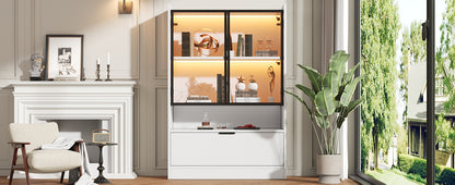 Moderne LED Vitrine Matt Höhe 120cm mit LED-Beleuchtung, Glasvitrine Standvitrine mit Beleuchtung, Wohnzimmerschrank mit Glastüren und Klapptür, Spanplatte Display Schrank,Weiß