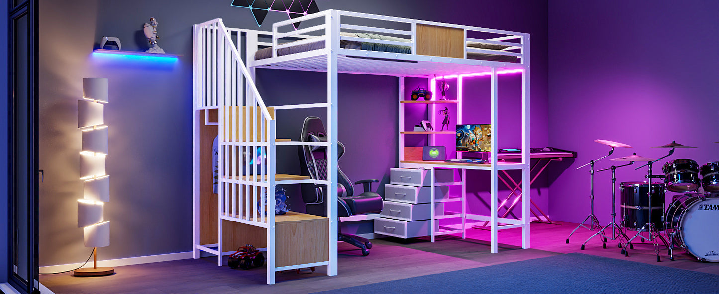Metal Loft Bed with Desk, Storage, and Clothes Rail