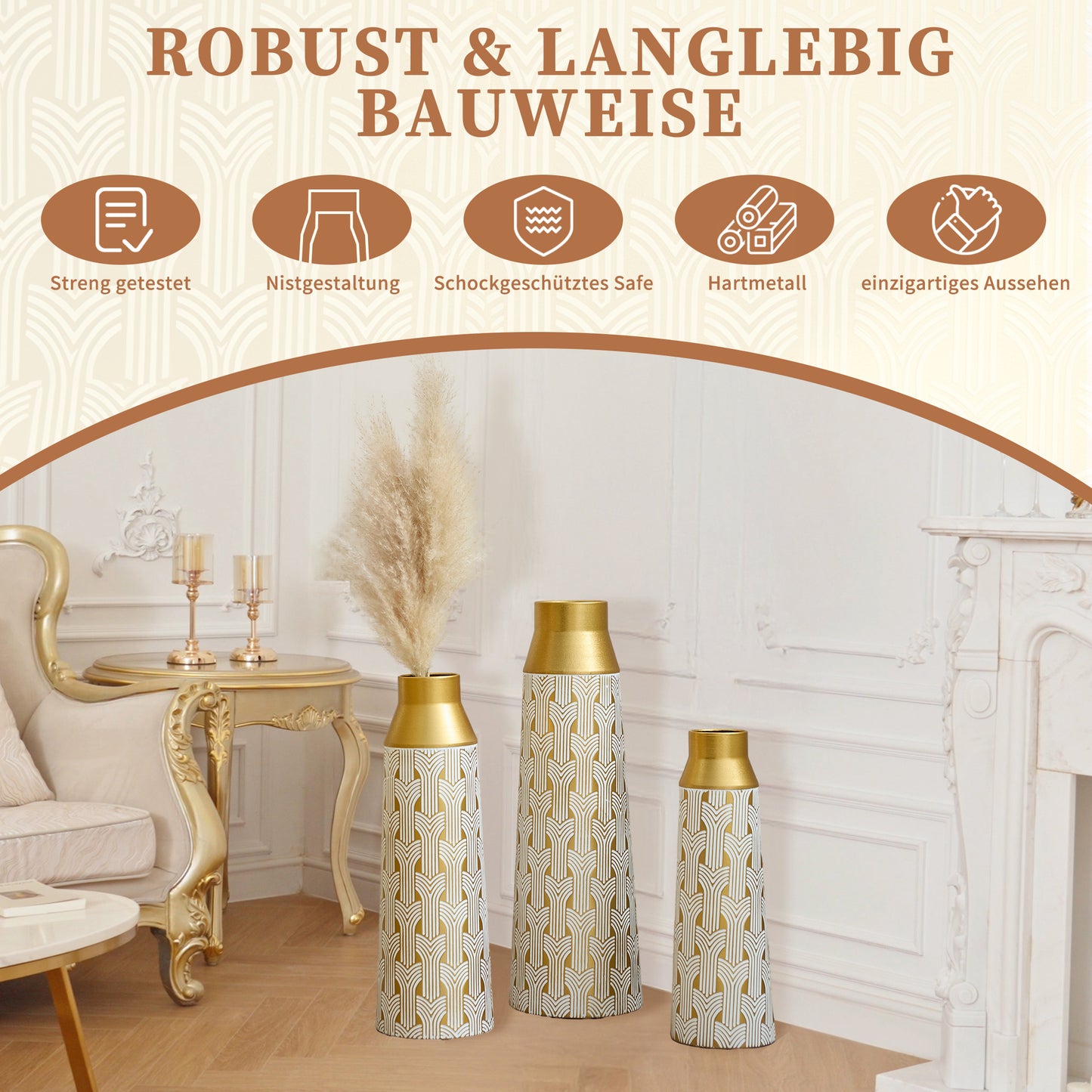 3-Piece Modern Geometric Gold Metal Vase Set