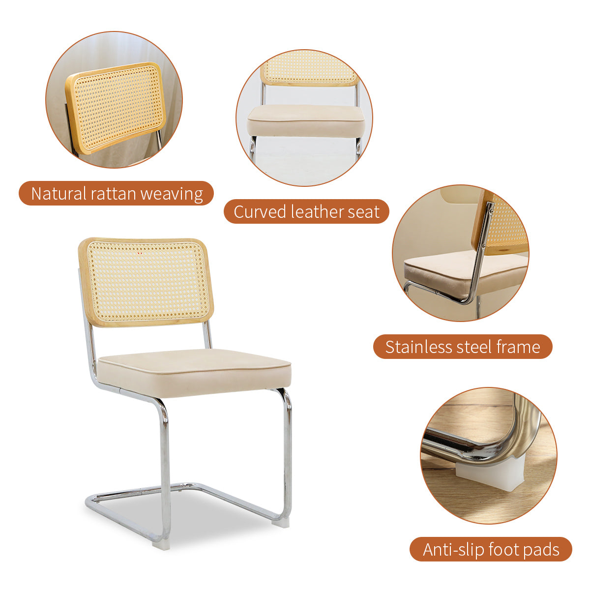 Dining Chairs Set of 2, Velvet Rattan Side Accent Chairs with Chrome Legs, Modern Mid Century Breuer Designed Chairs, Upholstered Dining Living Room Kitchen Chairs