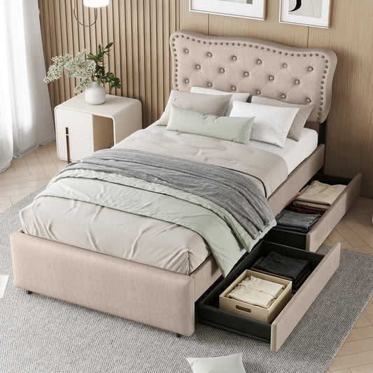 90*200 cm flaches Bett, gepolstertes Bett, Nachttischpolsterung mit dekorativen Nieten, doppelte Schubladen, dunkelbeige