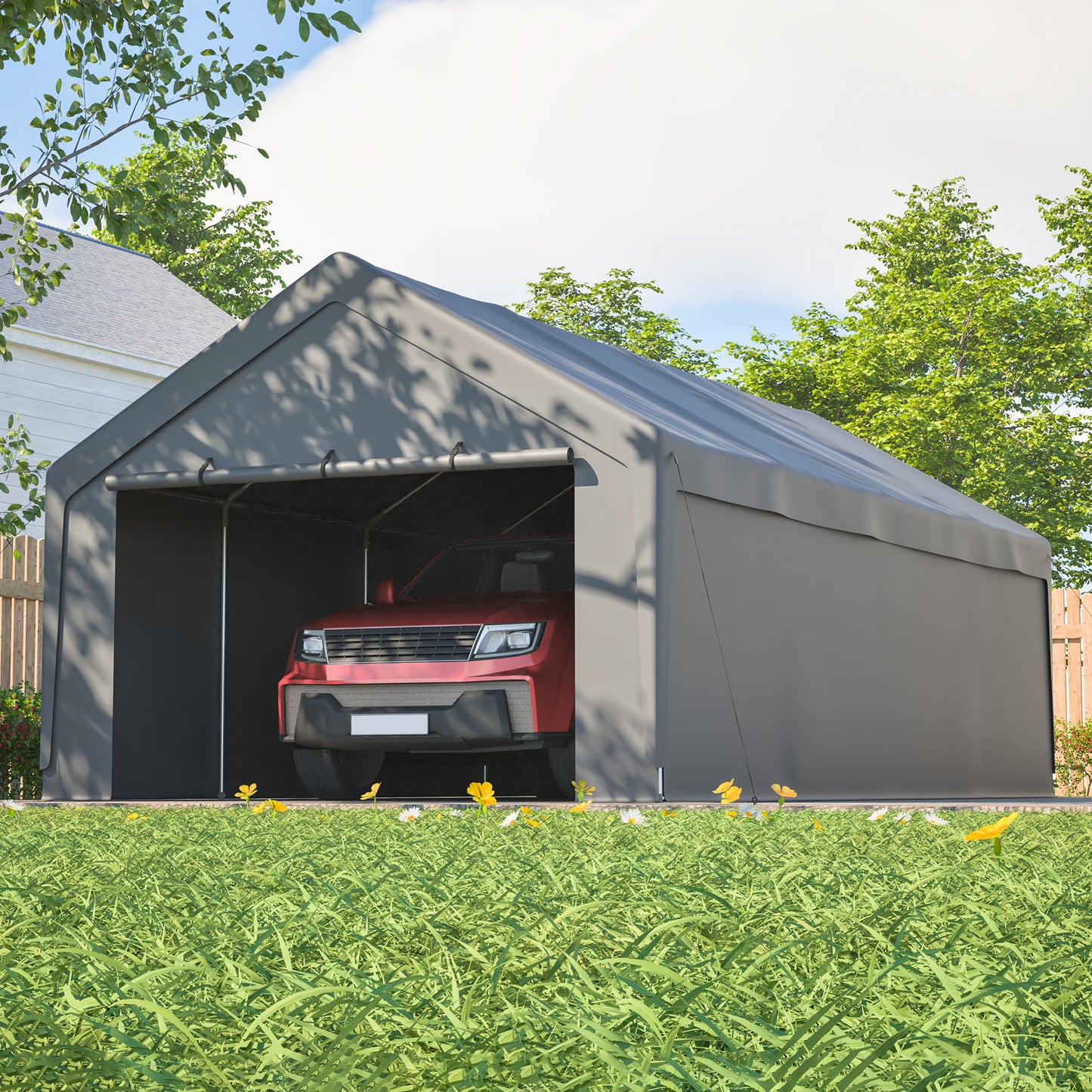 13'×25' Carport für Auto, LKW & Boot – Schwerlast-Garage mit verzinktem Stahlrahmen, wasserdichte & UV-beständige Plane, Rollup-Fenster, abnehmbare Seitenwände, 8 Beine, Grau