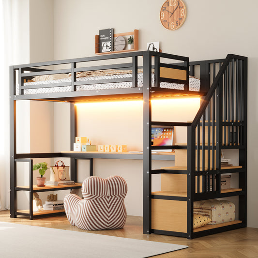 90*200 Metall-Hochbett,mit LED-Lichtleiste und Steckdose,mit Aufbewahrungsleiter,Regalen und Tisch, Sicherheitszaun-Design , Hohes Eisenrahmenbett mit Metallrahmen für stabile Unterstützung, Schwarz