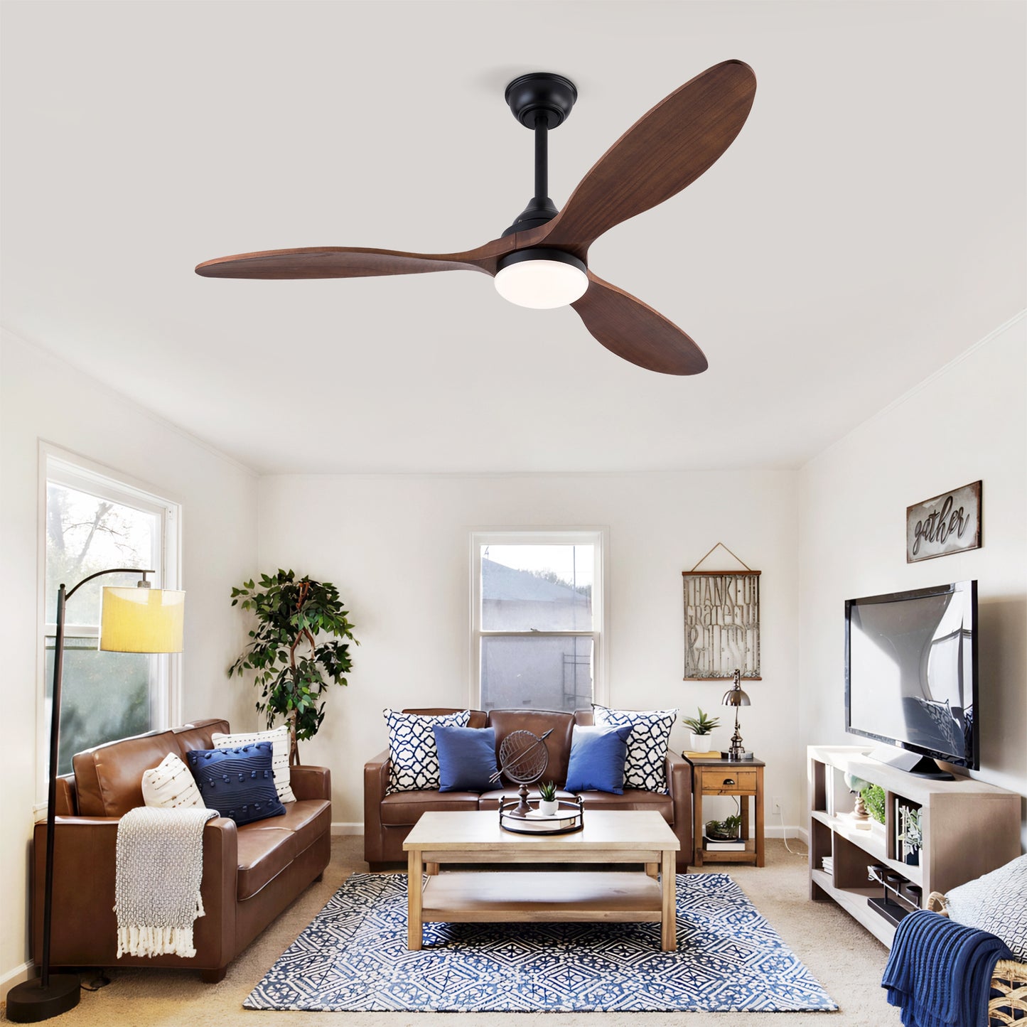 Bestseller 52-Zoll Innen-Deckenventilator in Schwarz mit Licht, 3 CCT dimmbare LED, 3 Massivholzflügel, reversibler leiser DC-Motor mit Fernbedienung und Speicherfunktion