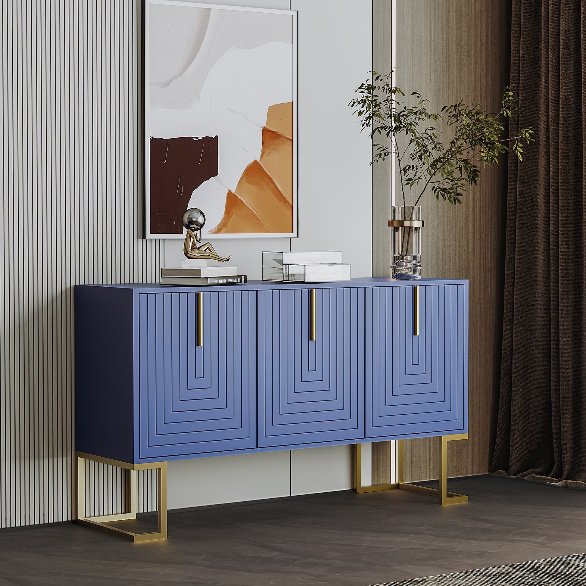 Gigab2b original image - Modernes 3-türiges Sideboard mit verstellbaren Regalen, U-förmigen Schranktüren und Metallgriffen und Sockel für Esszimmer und Küche (Navy blau)