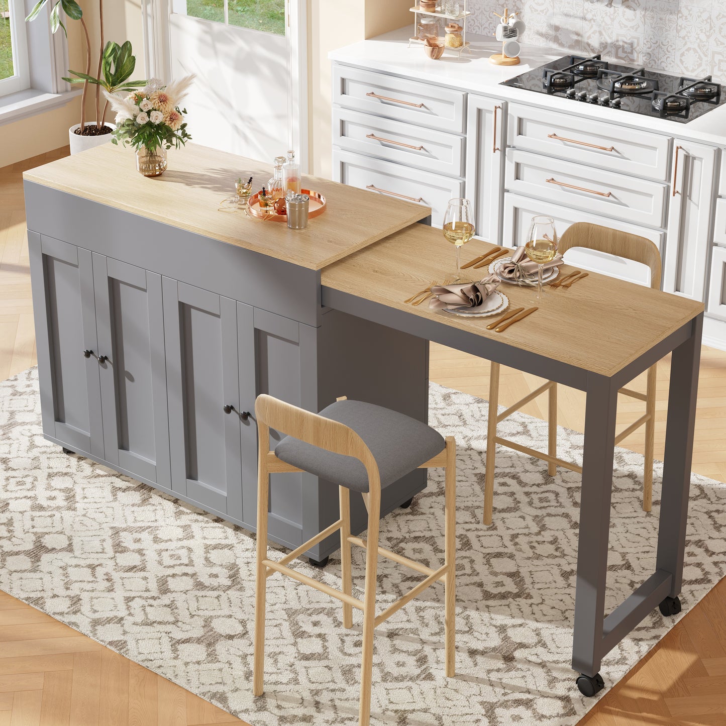 Gigab2b original image - Moderner ausziehbarer Bartisch(118-180×50×94cm) ,Ausziehbarer Esstisch mit Stauraum , mit sechs AblageflächenStehtisch Bistrotisch, für Esszimmer,Verwendung als Wohnzimmertrennwand, Grau