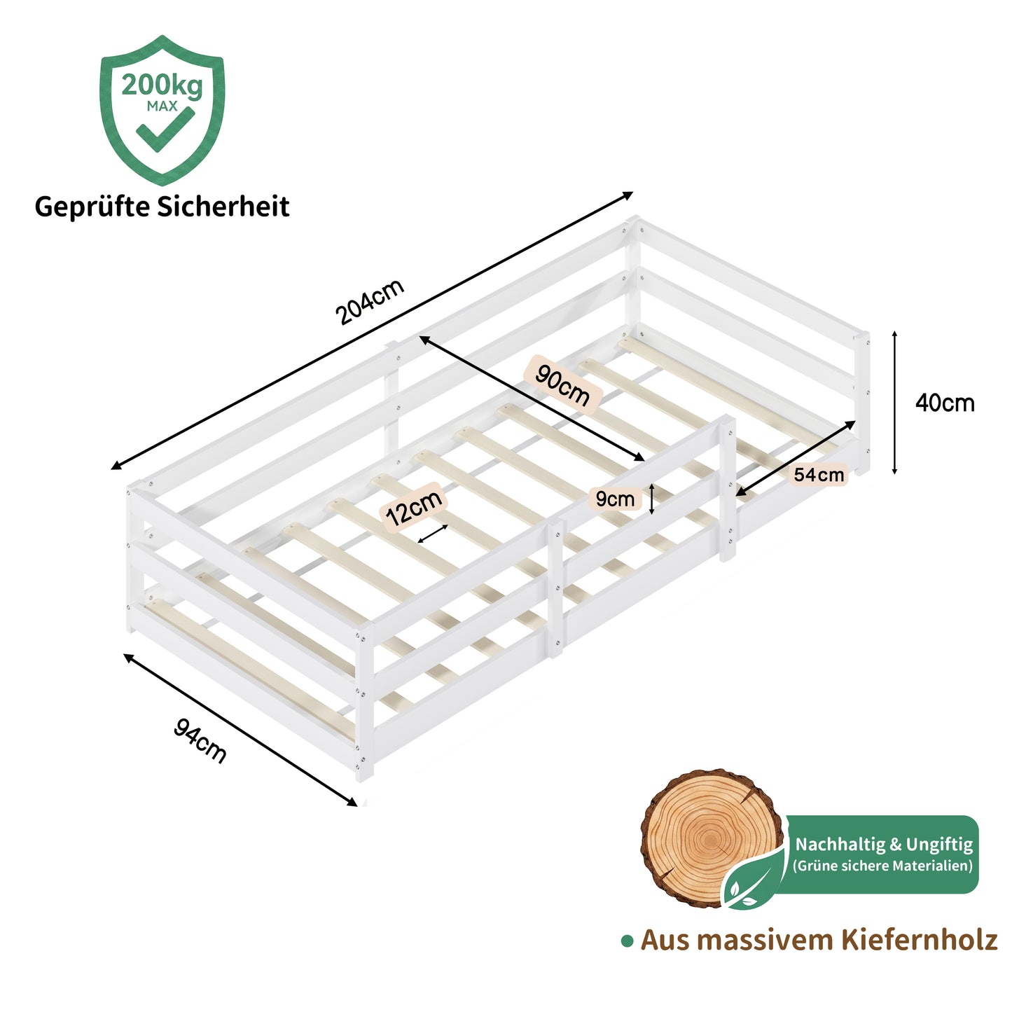 Montessori Bodenbett mit Schutzgitter – Flaches Bett ohne Boxspring nötig, aus Kiefernholz, schnell montiert (90x200 cm, weiß)