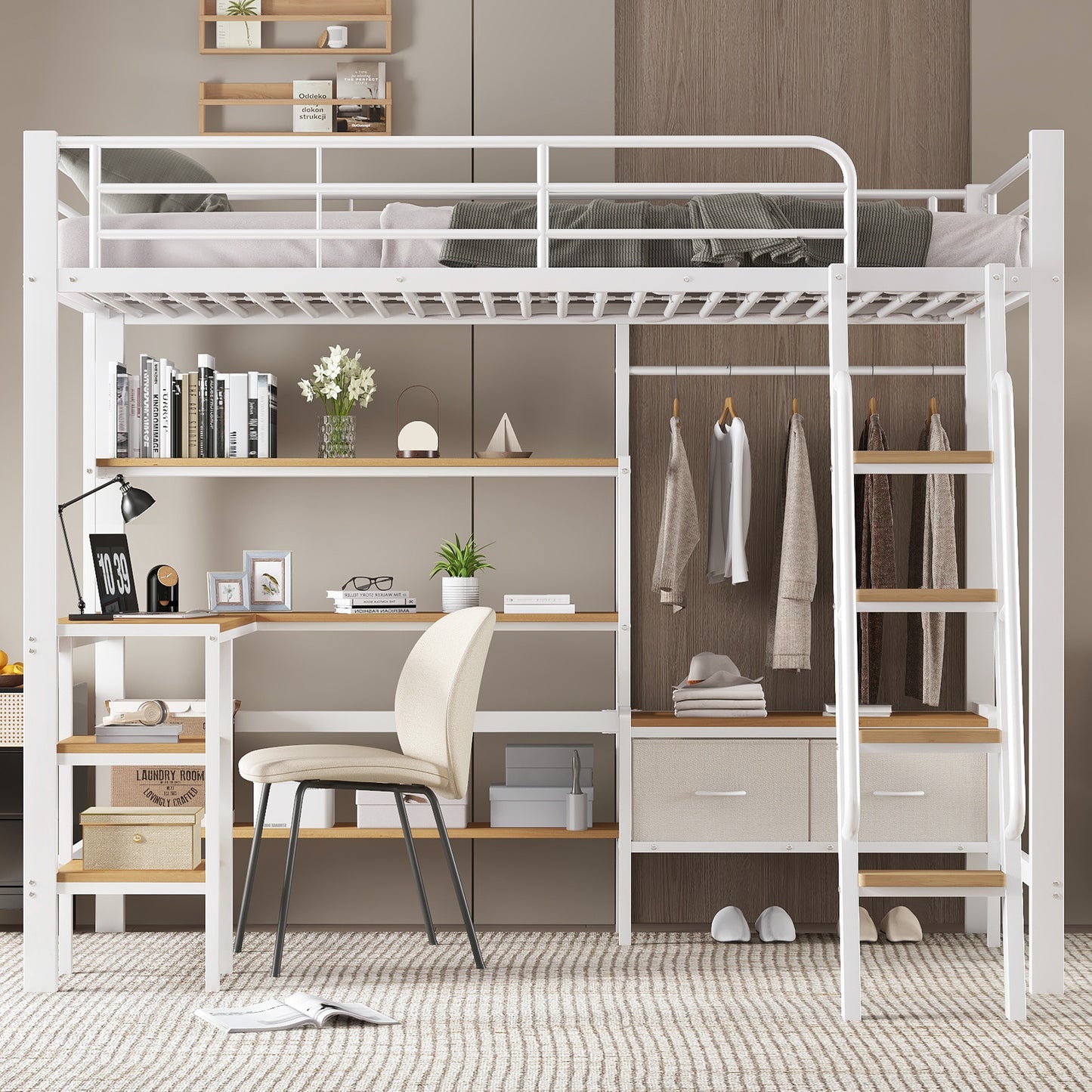 Gigab2b original image - Eisenbett, Hochbett, Inklusive zwei Stoffaufbewahrungsboxen, Mit Schreibtisch und Aufbewahrungsregal, Vierstöckige Schrägtreppe, Eisen + MDF, Weiß+Natur, 90x200cm