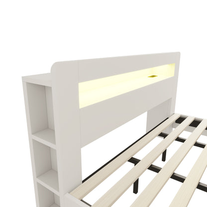 Bettgestell aus Holz mit Stauraum im Kopfteil, LED-Beleuchtung, integrierten Steckdosen, modernes Plattformbett in Weiß180 x 200 cm