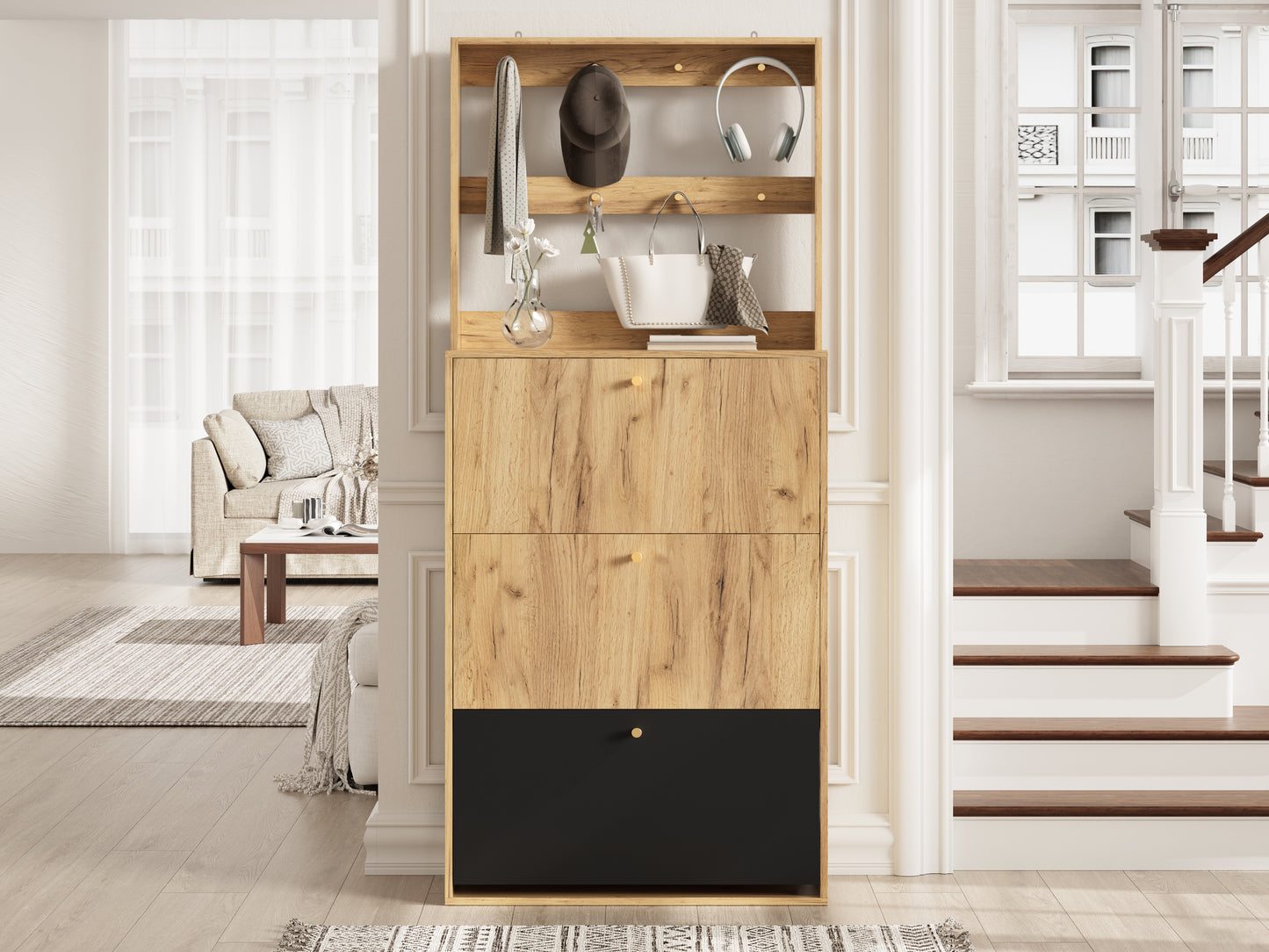 Modern Foldable Shoe Cabinet with Hooks for Hallway Storage