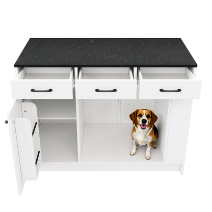 Kücheninsel, Schrank mit 3 Schubladen, 1 Gewürzablage, verstellbare Regalplatte, Doppelablage (ohne Hundefutterteller), geräumiger Haustieraufbewahrungsbereich (ohne Hundekissen), 120*60*90 cm, weiß