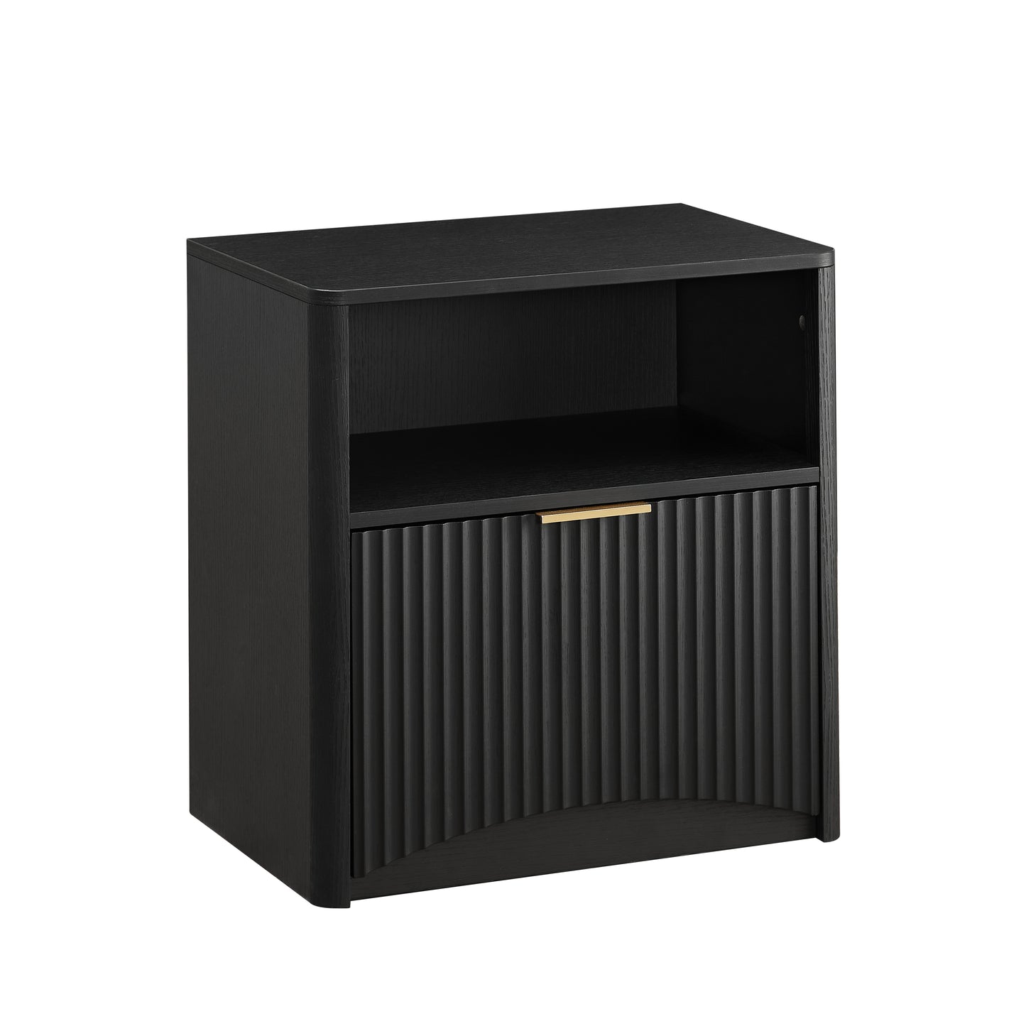 Space-Saving Nightstand with Open Drawer and Gold Handles