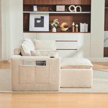 Modulares 3-Sitzer-Sofa + Fußhocker, inklusive Kissen, Getränkehalter und 2 Seitentaschen. Mit einer Füllung aus Schaumstoff und Federkern. Ideal für Wohnzimmer und ähnliche Räume (beiger Cordstoff)