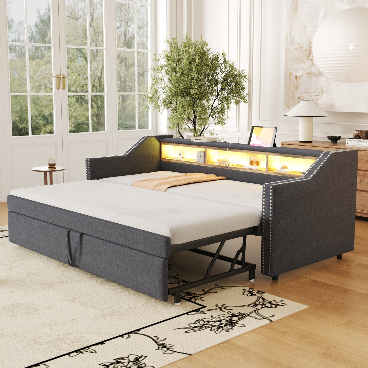 Gigab2b original image - Polsterbett Ausziehbares Schlafsofa 90/180 x 190 cm, Multifunktionales Staufach, LED-Licht und USB-Buchse, mit Lattenrost, Dunkelgrau