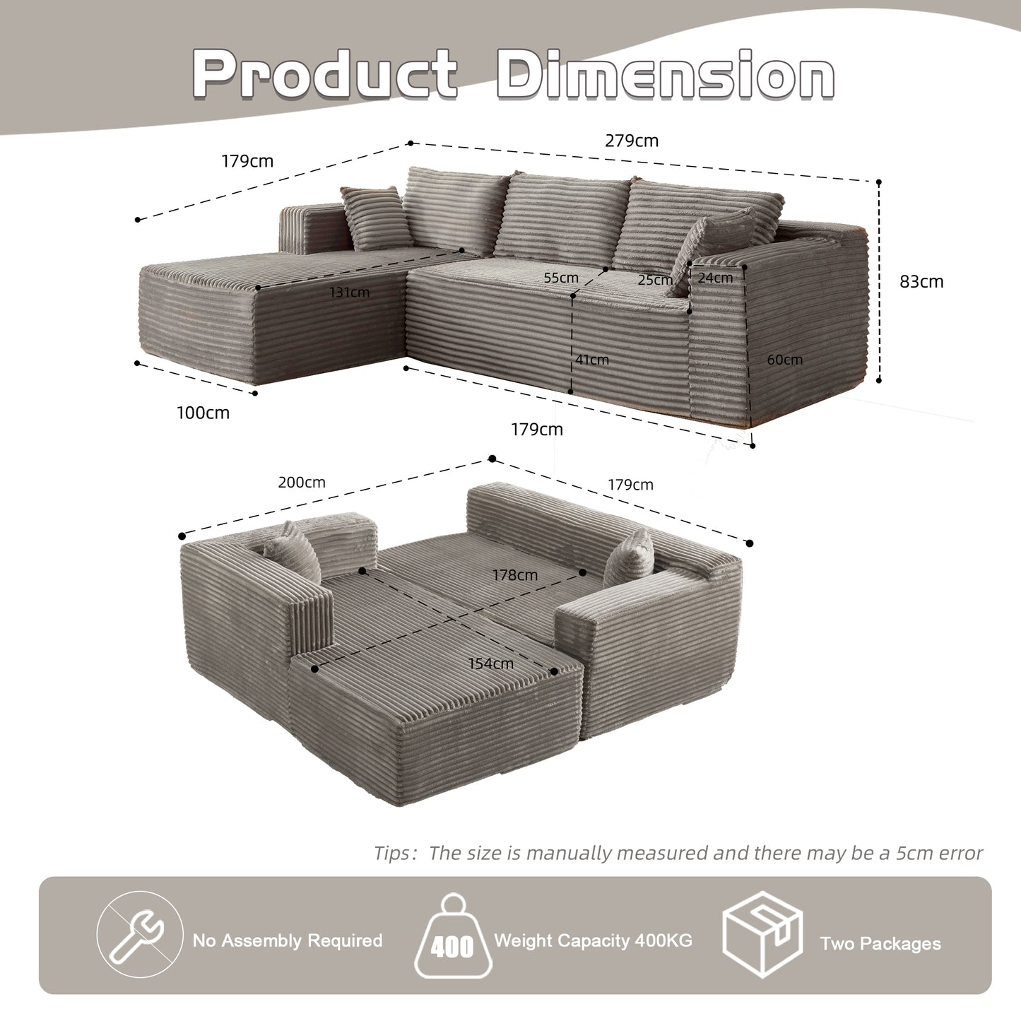Compression Sectional Couch with Comfy Chaise, Boneless L Shape Sofa with Deep Seat, Minimalist Modular Couches Sleeper for Living Room Bedroom Apartment Lounge,corduroy,Grey