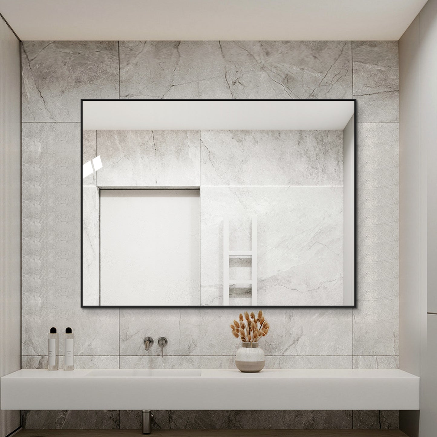 60x80cm Badezimmerspiegel mit Schwarzem Aluminiumrahmen, Kupferfreier HD-Wandspiegel, Horizontal & Vertikal montierbar, Für Bad, Flur und Ankleidezimmer