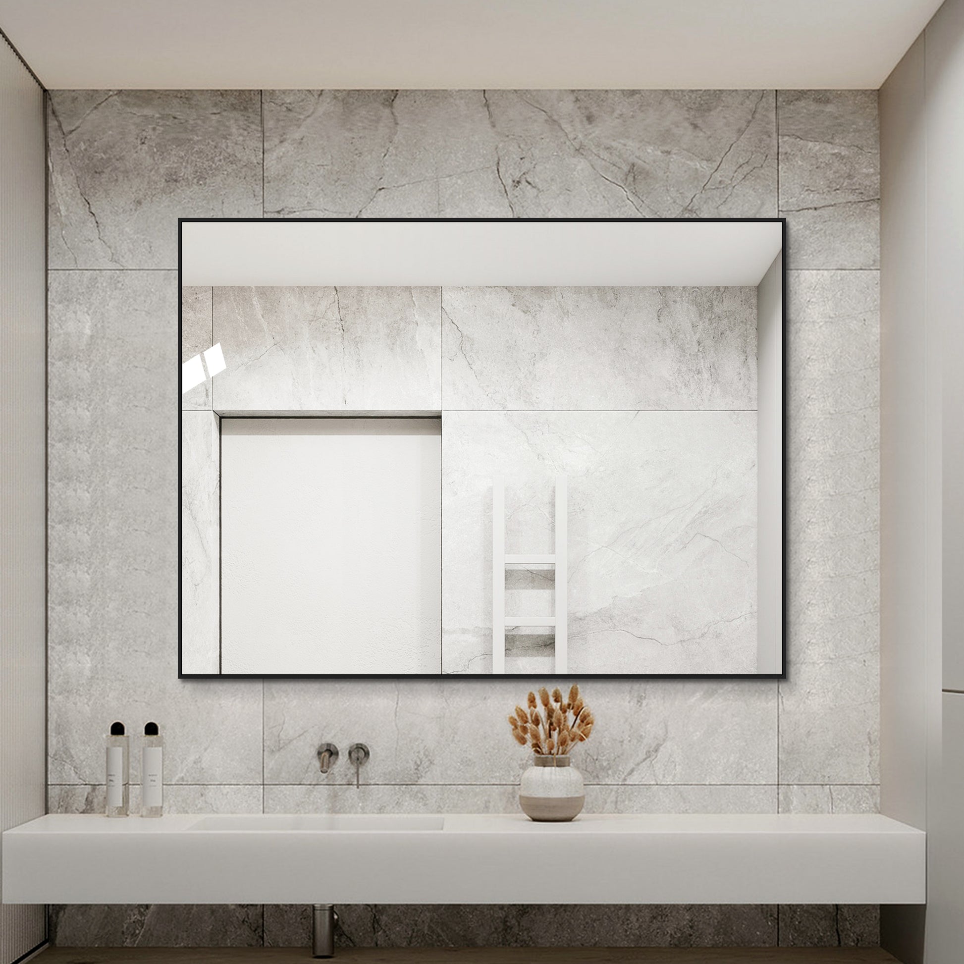 60x80cm Badezimmerspiegel mit Schwarzem Aluminiumrahmen, Kupferfreier HD-Wandspiegel, Horizontal & Vertikal montierbar, Für Bad, Flur und Ankleidezimmer