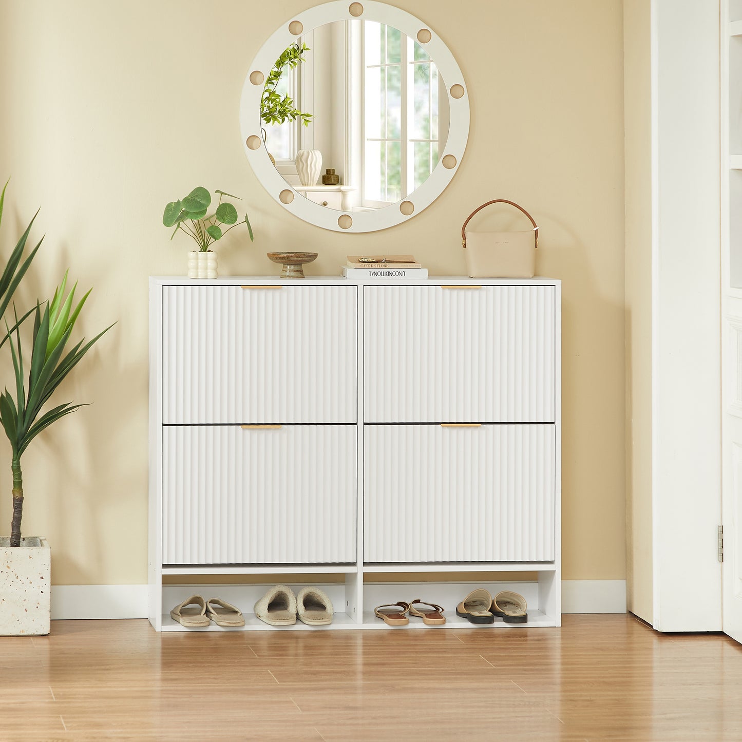 120 x 24 cm Schuhschrank mit Nutfront – Höhenverstellbar mit Kippschutz und Dekotisch für den Flur, in Weiß