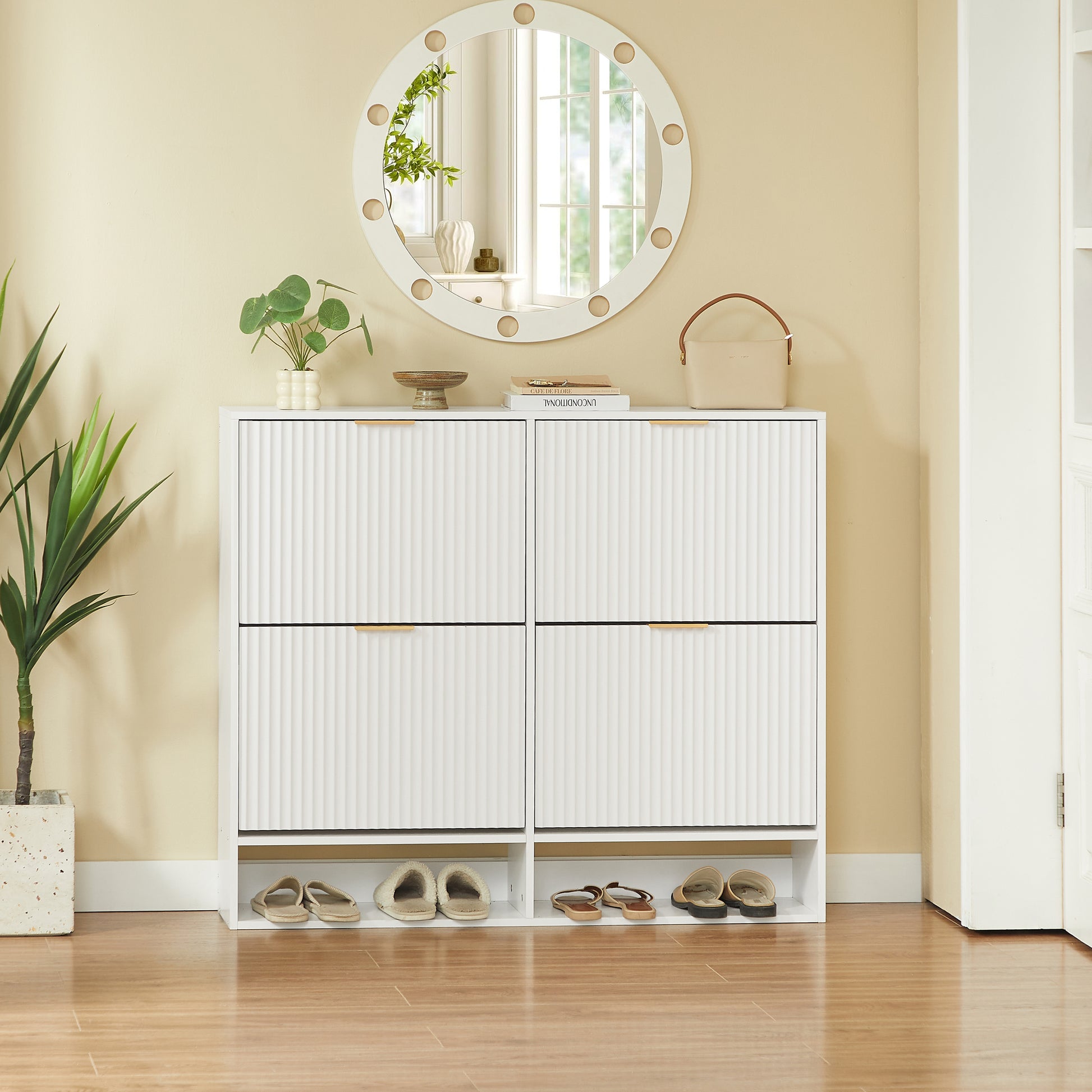 120 x 24 cm Schuhschrank mit Nutfront – Höhenverstellbar mit Kippschutz und Dekotisch für den Flur, in Weiß