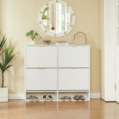120 x 24 cm Schuhschrank mit Nutfront – Höhenverstellbar mit Kippschutz und Dekotisch für den Flur, in Weiß