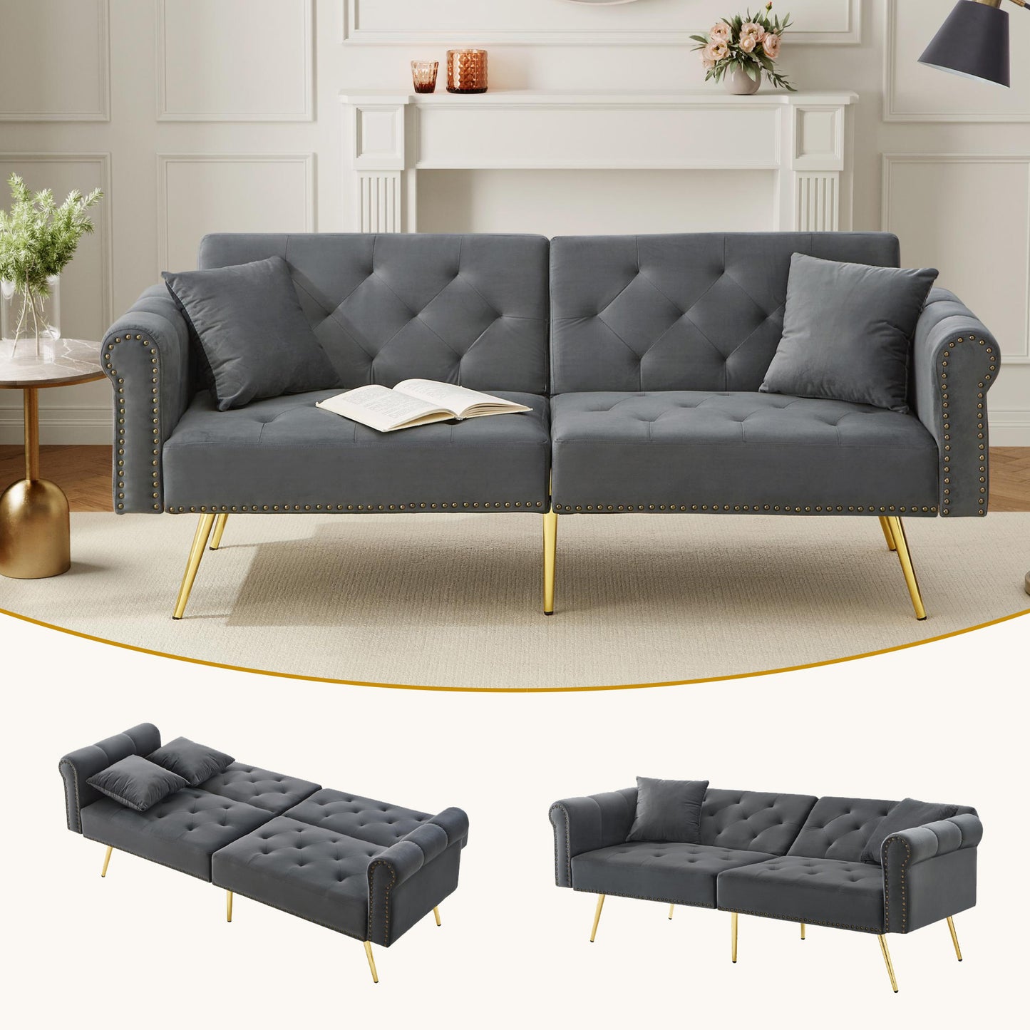 Gigab2b original image - Modernes 2-Sitzer-Schlafsofa – Samtbezug, Rückenlehne mit 3-stufiger Verstellung & vergoldete Metallfüße Stilvolles Sofa mit Schlaffunktion – platzsparend, belastbar, ideal für kleine Räume