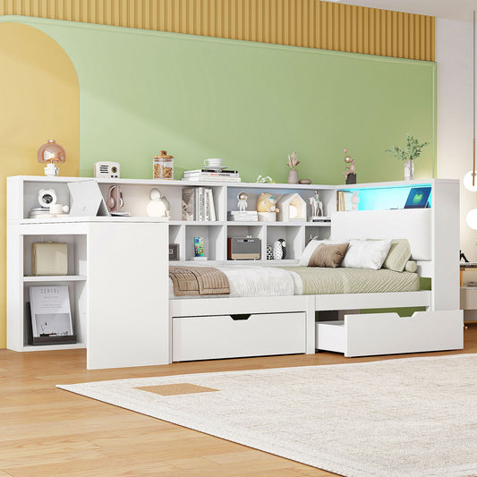 90x200 L-förmiges Holz-Plattformbett mit Schreibtisch und Bücherregal, Eck-Kapitänsbett mit gepolstertem Kopfteil, Schubladen unter dem Bett, LED-Licht - Weiß