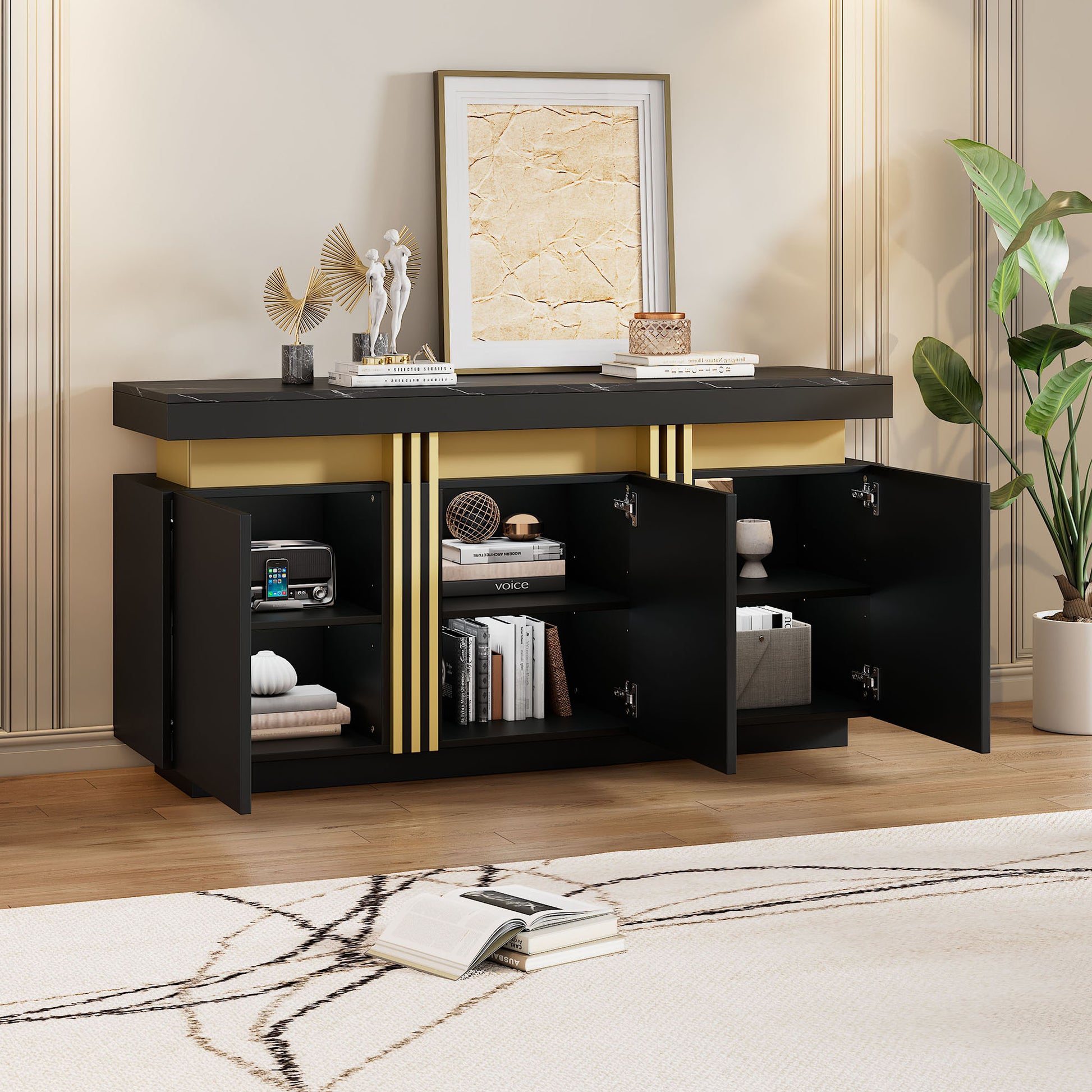 140*38*70cm Modernes Schwarz Sideboard-Display, 3 Türen, Esszimmerschrank mit verstellbaren Trennwänden, perfekt für Küche, Wohnzimmer, Esszimmer, Flur,Schwarze und gol, breite grifflose Schließfächer