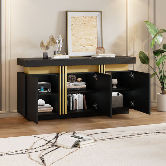 140*38*70cm Modernes Schwarz Sideboard-Display, 3 Türen, Esszimmerschrank mit verstellbaren Trennwänden, perfekt für Küche, Wohnzimmer, Esszimmer, Flur,Schwarze und gol, breite grifflose Schließfächer