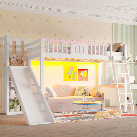Gigab2b original image - Hochbett, Einzelbett(Ohne Matratze), Kinderbett, mit LED-Leuchten, mit Regalen, mit Rutsche, EN747 zertifiziert, Kiefernholz, 90x200cm, Weiß
