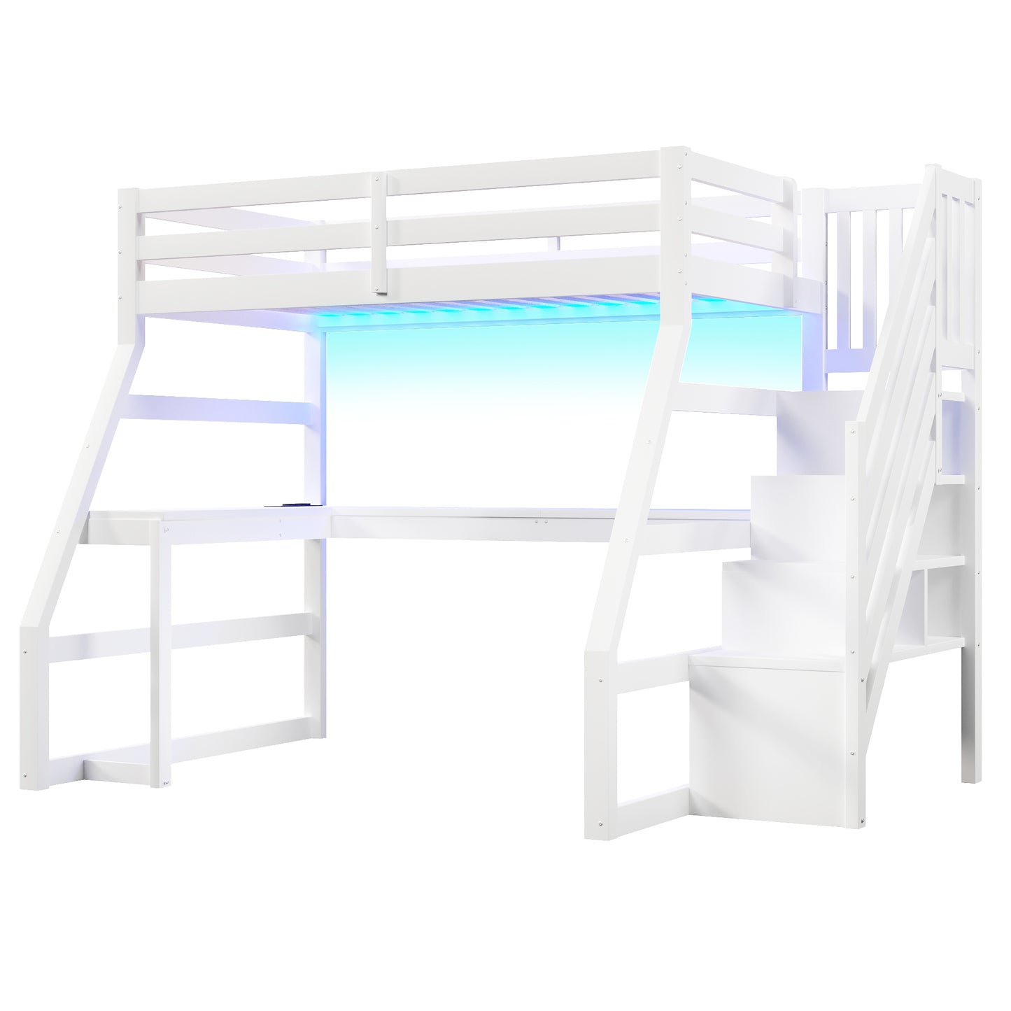 90x200 großes Hochbett aus Holz mit Schreibtisch, LED-Beleuchtung, USB-Anschluss und Treppe mit Stauraum, Weiß