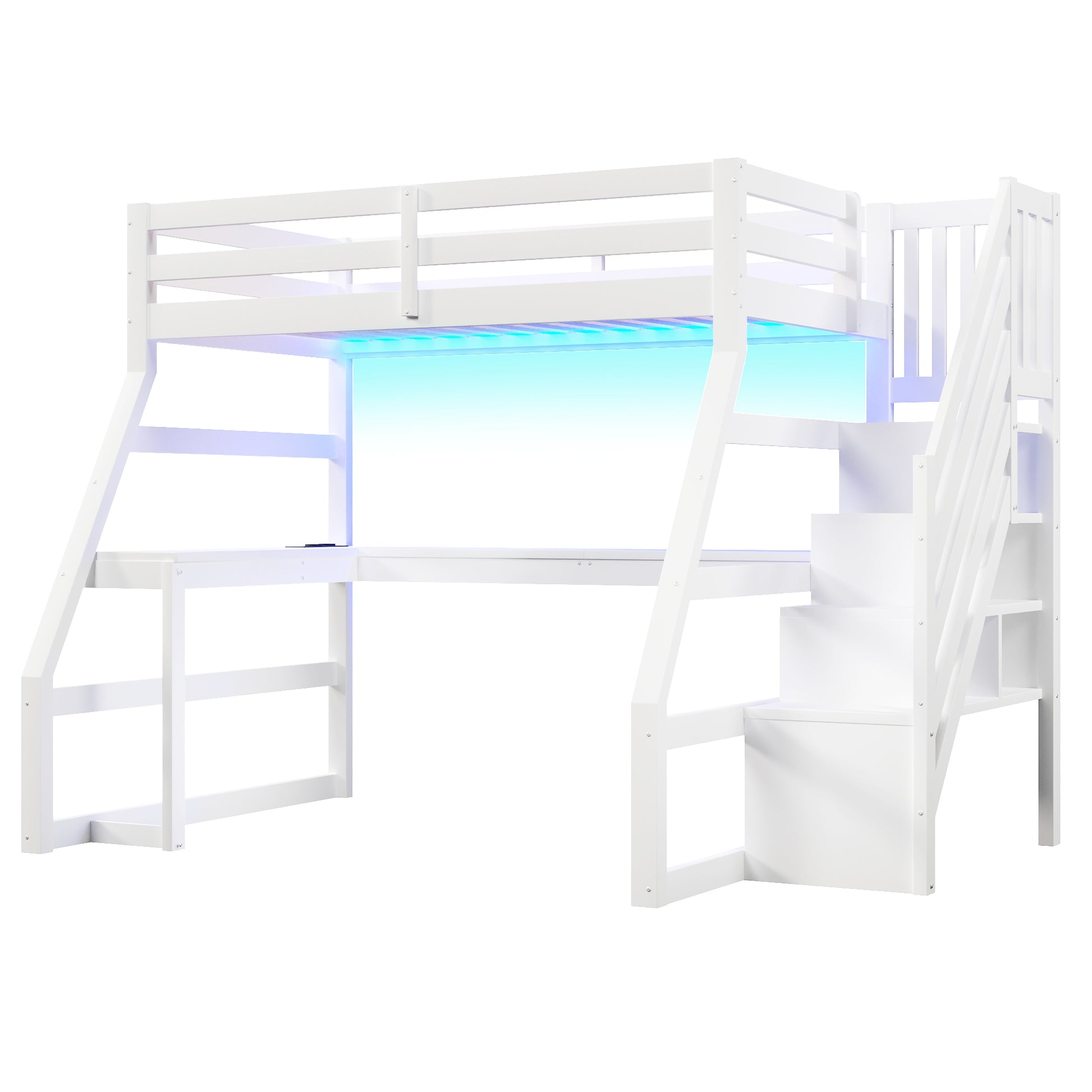 90x200 großes Hochbett aus Holz mit Schreibtisch, LED-Beleuchtung, USB-Anschluss und Treppe mit Stauraum, Weiß
