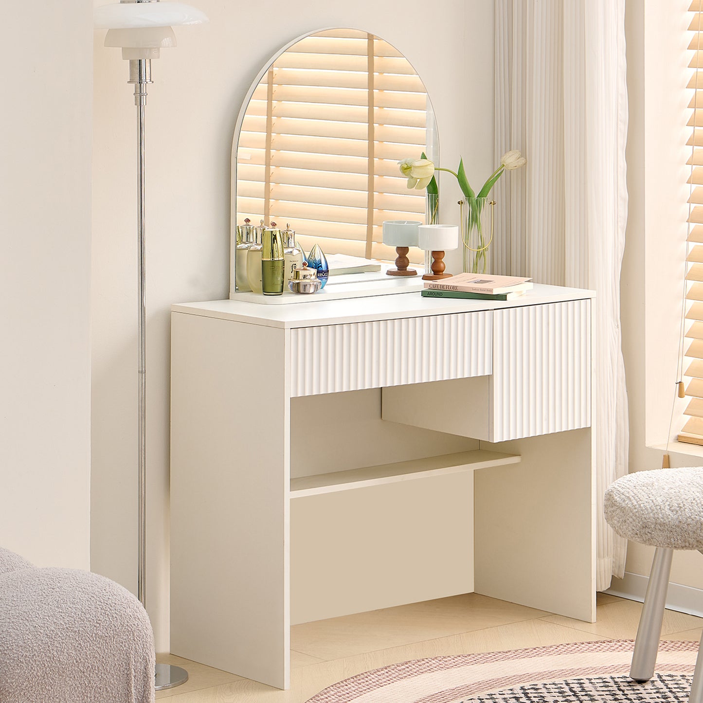 Gigab2b original image - Schminktisch mit Spiegel – moderner frisiertisch mit Schubladen und offenen Regalen, weiß,-H135/B90/T40cm