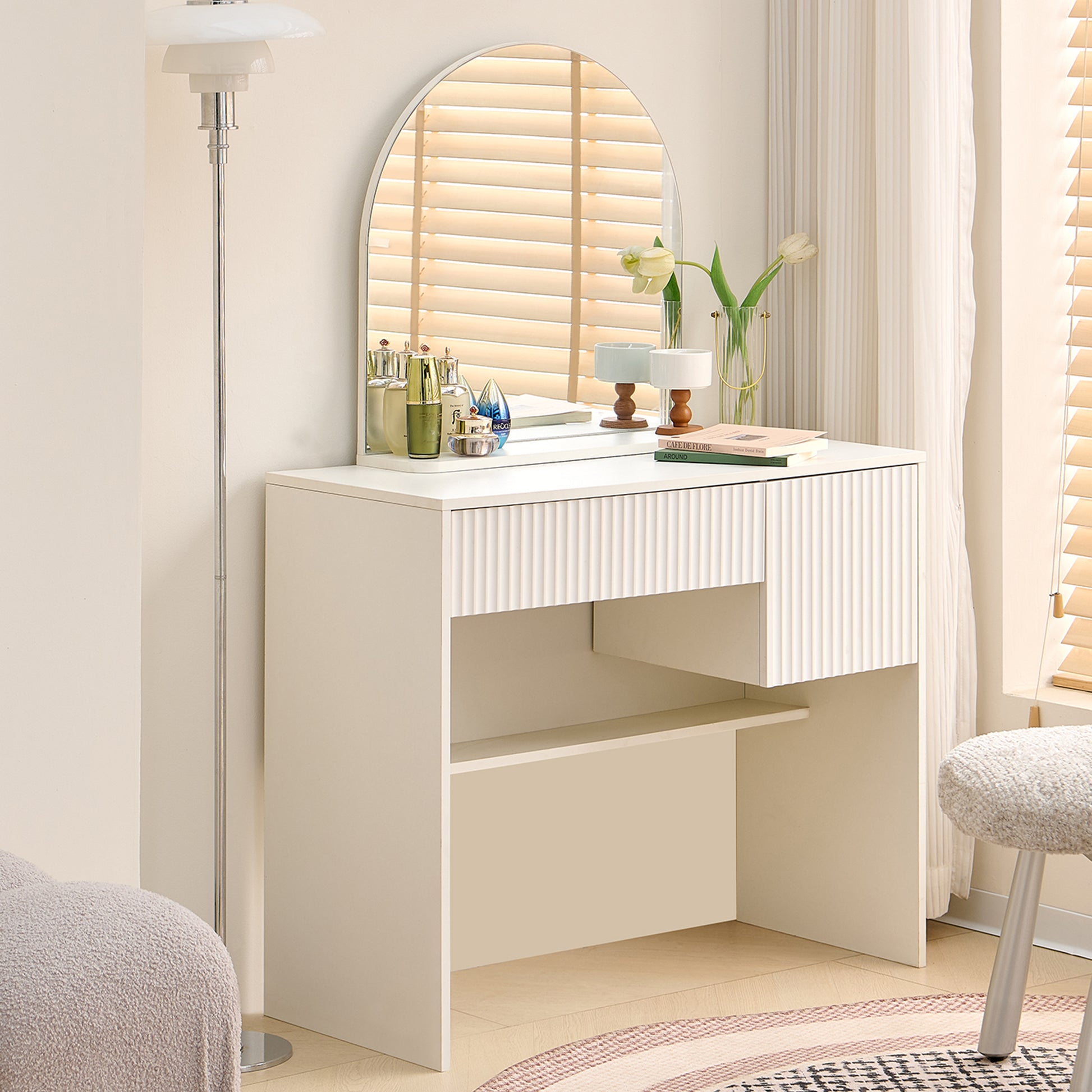 Gigab2b original image - Schminktisch mit Spiegel – moderner frisiertisch mit Schubladen und offenen Regalen, weiß,-H135/B90/T40cm