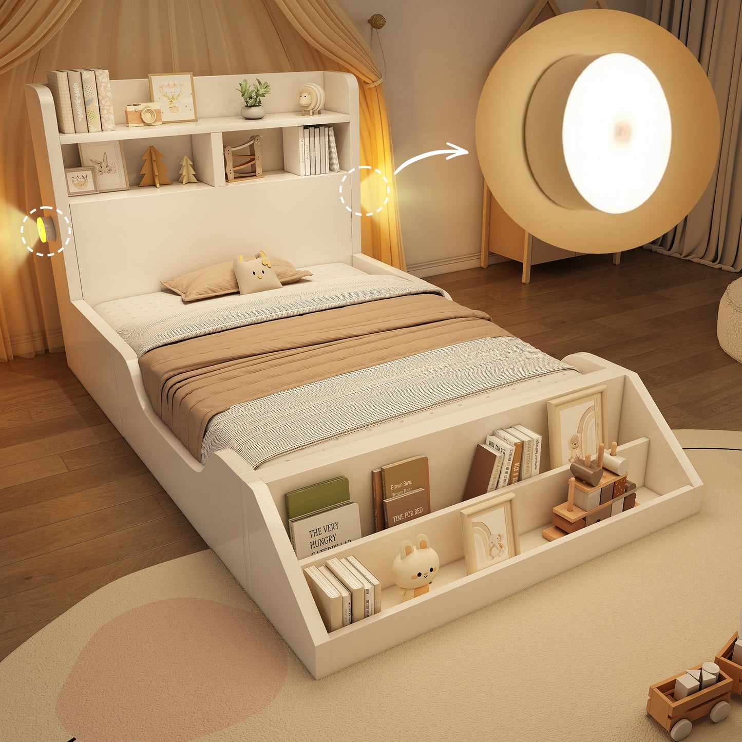 Gigab2b original image - Holzbett Einzelbett 90x200 cm Jugendbett/Kinderbett mit Ablageflächen, Nachtlichtern, abnehmbarem Bücherregal, Bettgestell mit Lattenrost, reinweiße Oberfläche, ohne Matratze