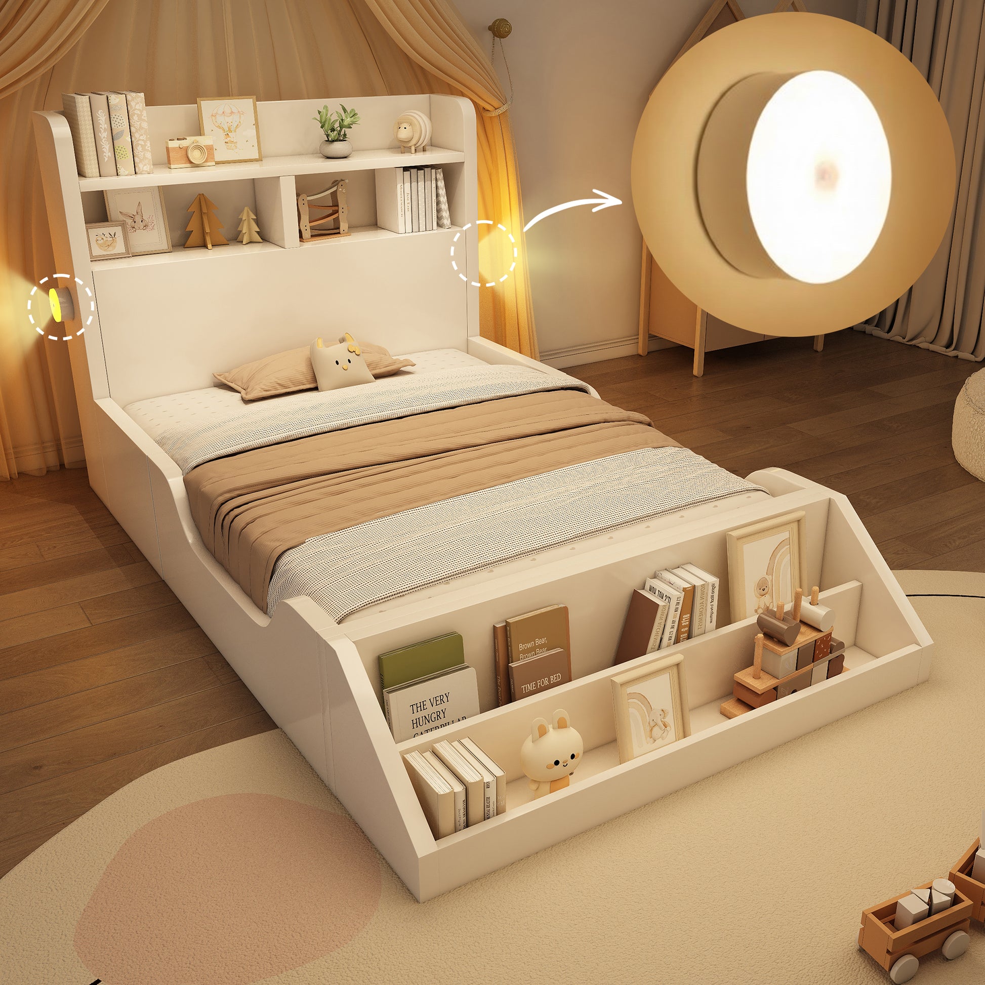 Gigab2b original image - Holzbett Einzelbett 90x200 cm Jugendbett/Kinderbett mit Ablageflächen, Nachtlichtern, abnehmbarem Bücherregal, Bettgestell mit Lattenrost, reinweiße Oberfläche, ohne Matratze