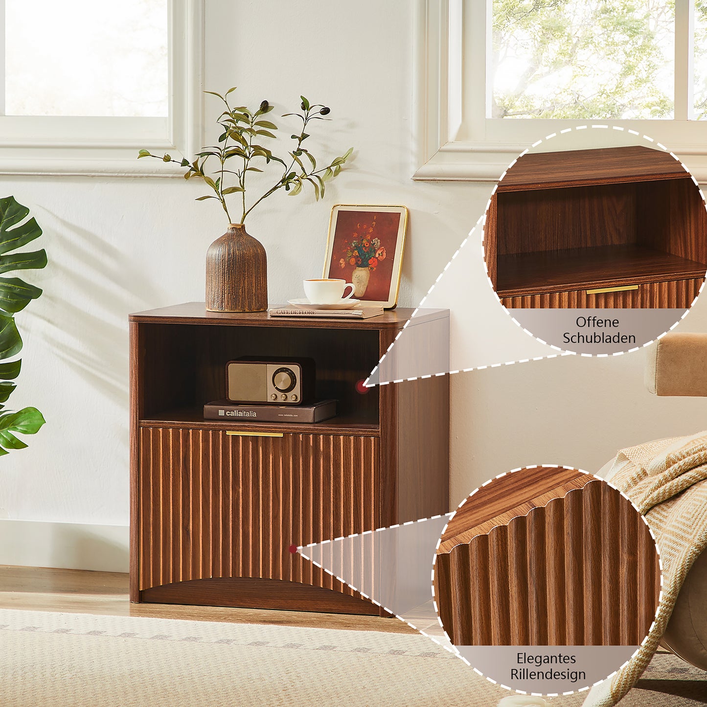 Space-Saving Golden Nightstand with Open Drawer