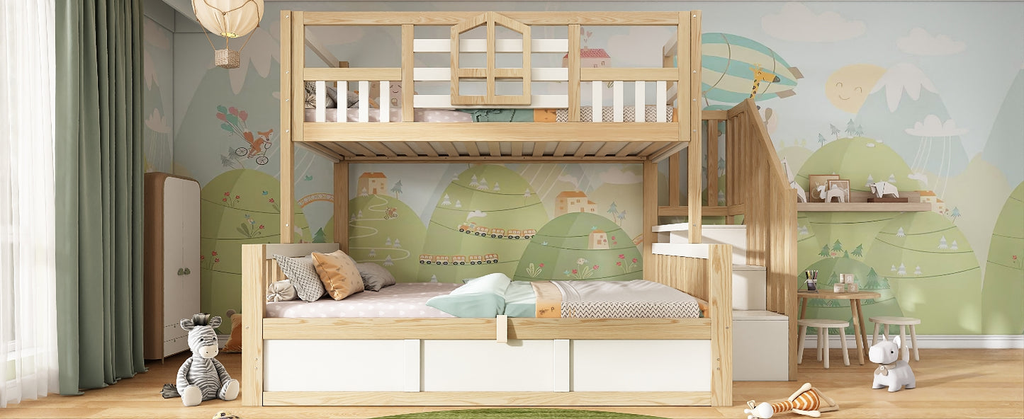 Children's Bunk Bed with Window and Safety Railing in White & Natural Wood