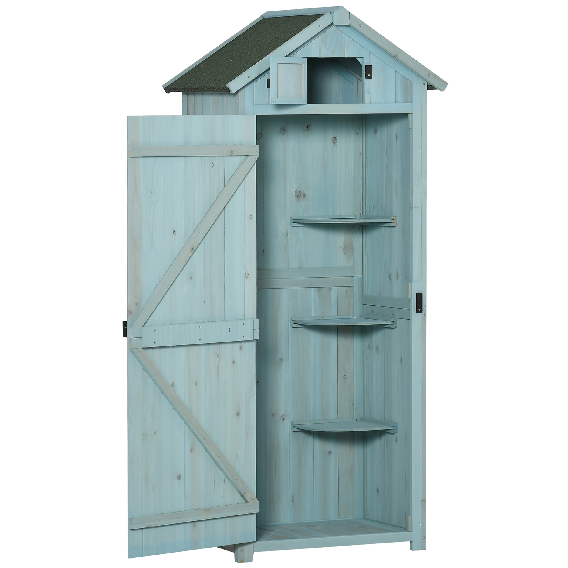 Gigab2b original image - Gartenschrank Gerätehaus mit Fachböden und Fenstern, 77 x 54,2 x 179 cm, Holz in Hellblau und Grün, Asphaltdach für Garten & Terrasse