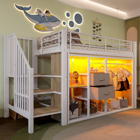 90*200 cm, Halbhohes Bett, 2 Schubladen, offener Kleiderschrank, mehrfarbige LED-Beleuchtung, mehrere Staufächer, ohne Matratze, Weiß