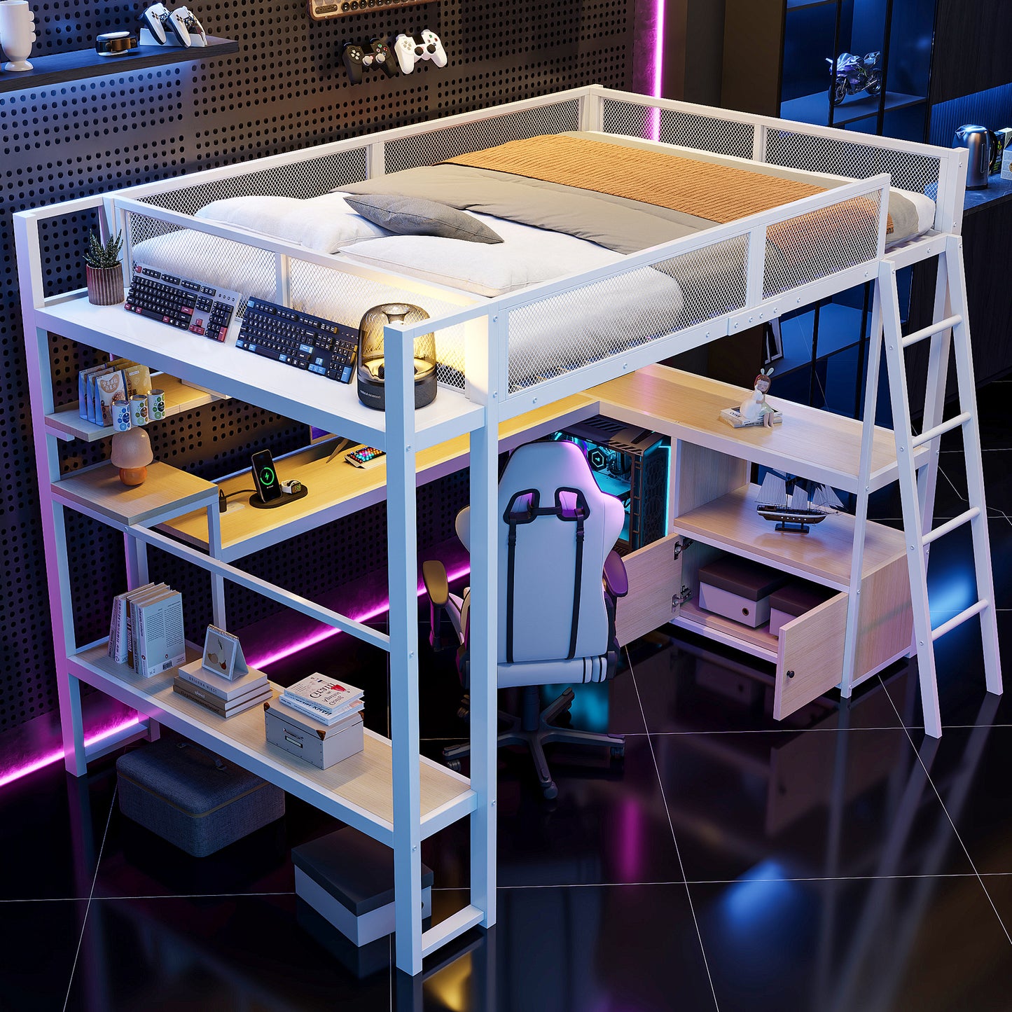 Gigab2b original image - Metall-Gaming-Hochbett (140 x 200 cm) mit integriertem Arbeitsplatz, LED-Beleuchtung und viel Stauraum, Weiß