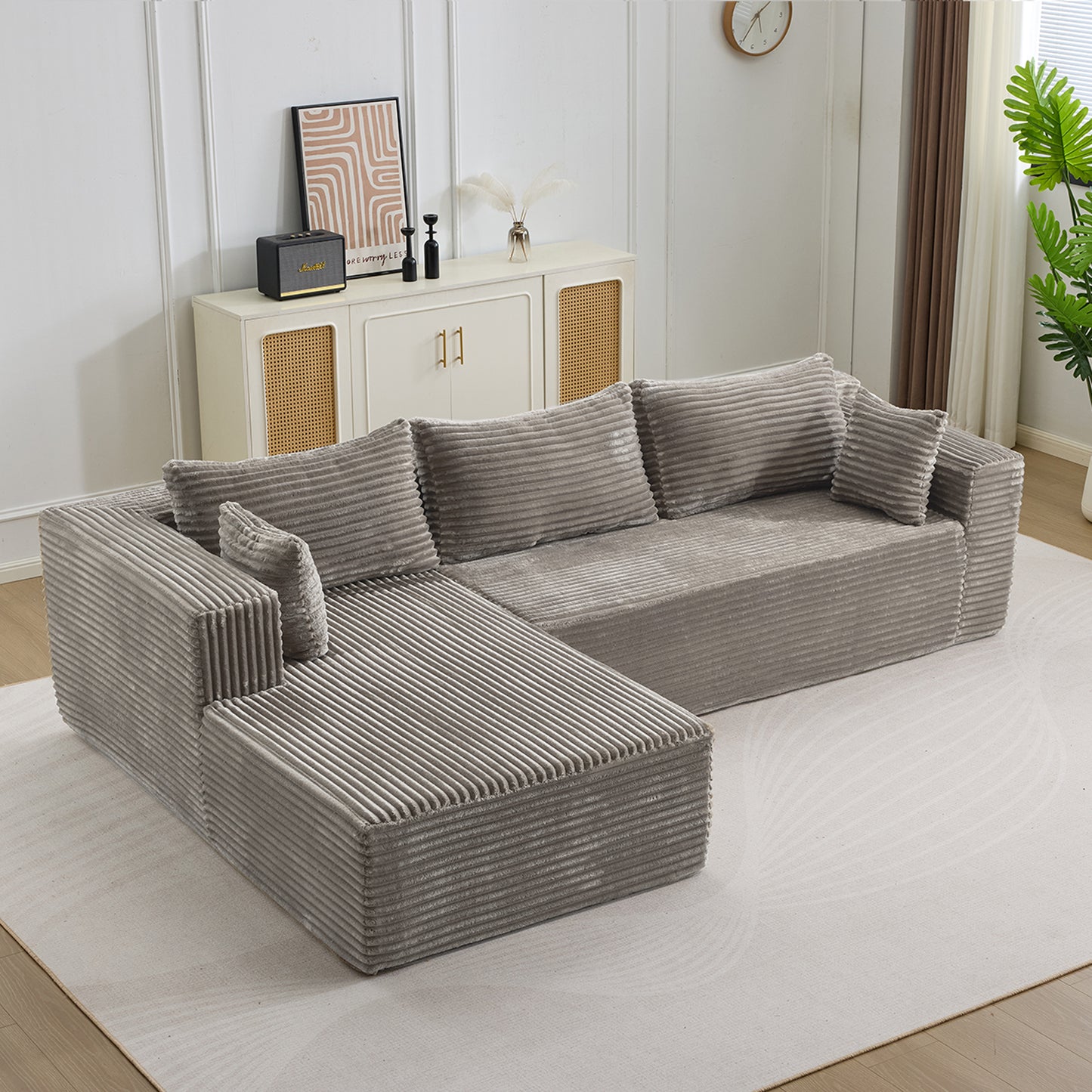 Compression Sectional Couch with Comfy Chaise, Boneless L Shape Sofa with Deep Seat, Minimalist Modular Couches Sleeper for Living Room Bedroom Apartment Lounge,corduroy,Grey