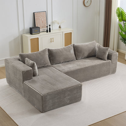 Compression Sectional Couch with Comfy Chaise, Boneless L Shape Sofa with Deep Seat, Minimalist Modular Couches Sleeper for Living Room Bedroom Apartment Lounge,corduroy,Grey
