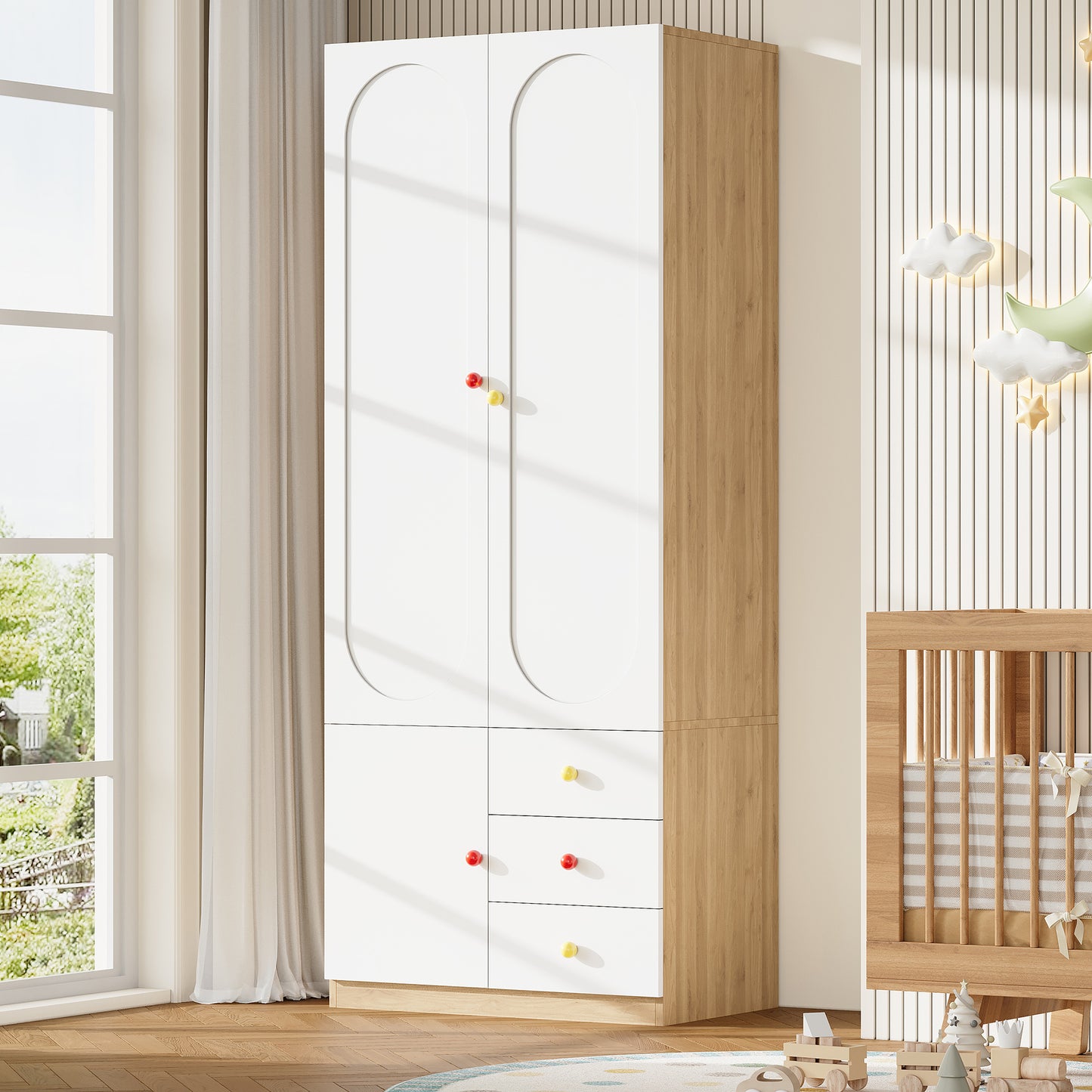 2-türiger Kleiderschrank mit Schubladen, Schlafzimmer-Aufbewahrungsschrank, Kinderzimmermöbel, mit Kleiderstange, bunten Keramikgriffen, Weiß, Lack-Oberfläche, 80×45×200 cm