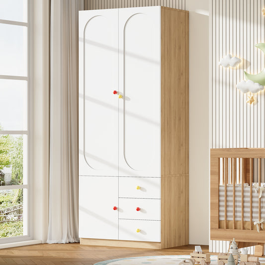 2-türiger Kleiderschrank mit Schubladen, Schlafzimmer-Aufbewahrungsschrank, Kinderzimmermöbel, mit Kleiderstange, bunten Keramikgriffen, Weiß, Lack-Oberfläche, 80×45×200 cm