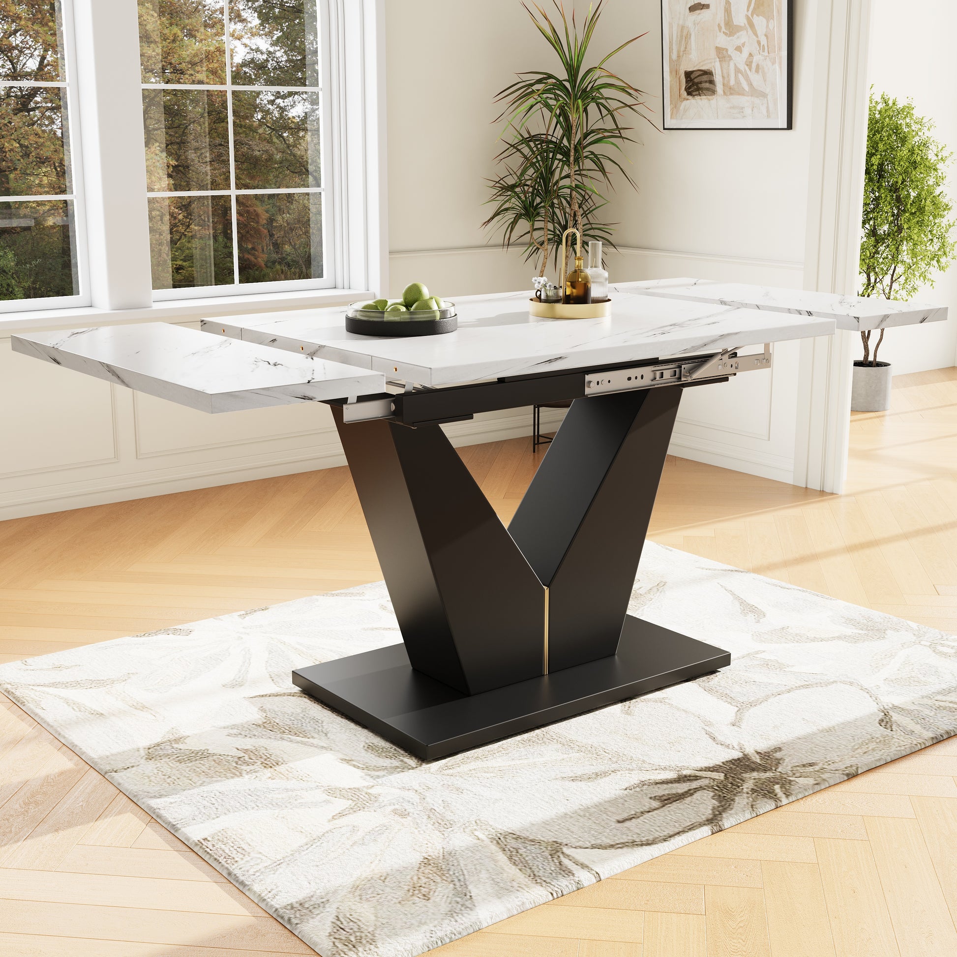 Gigab2b original image - Teleskop-Esstisch (99-159×75cm), Ausziehbarer Esstisch, Platzsparender Küchen-Esstisch, Breite Arbeitsfläche, Flexibles Design, Geeignet für Homeoffice und Wohnzimmer, Weiße Tischplatte mit V-förmigem
