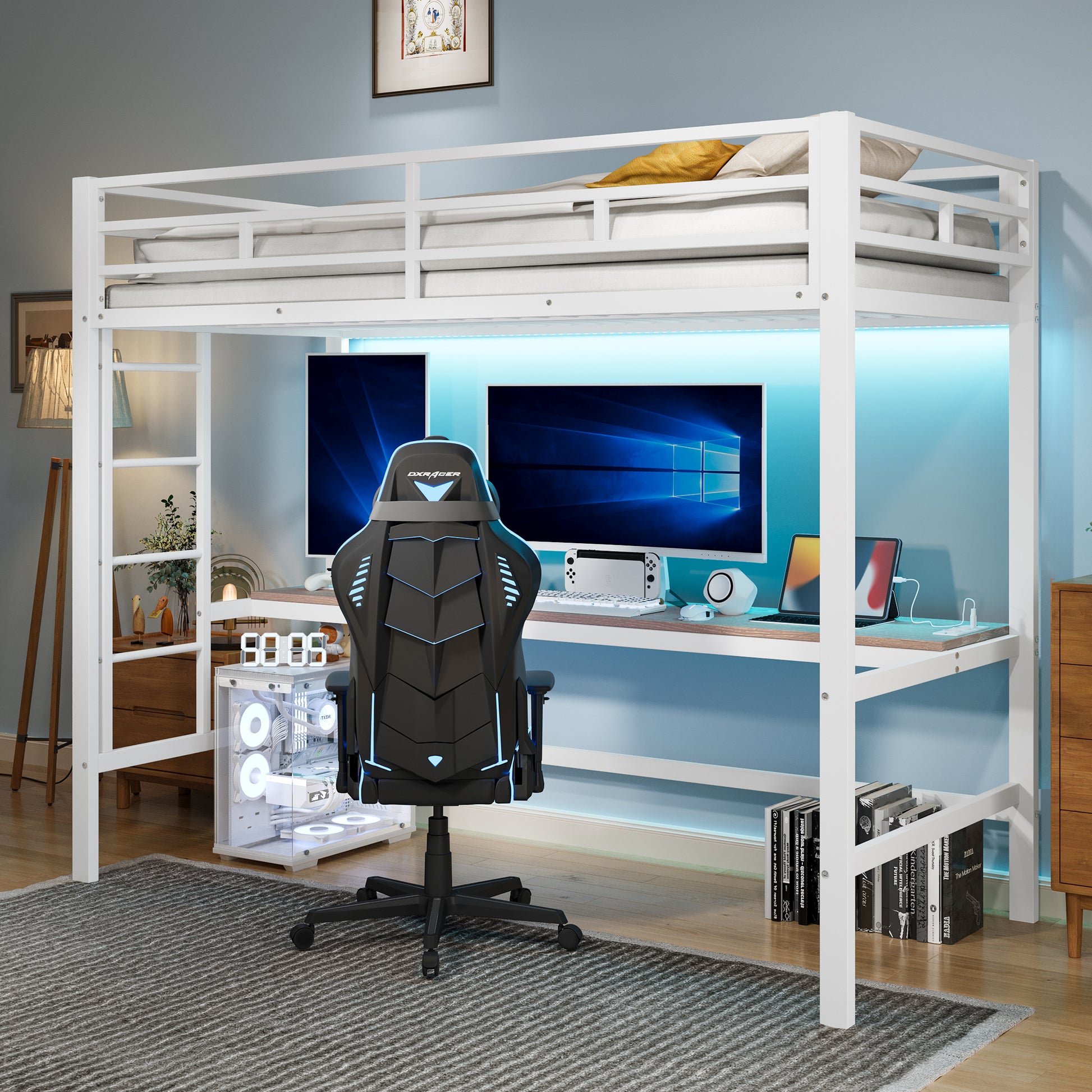 Gigab2b original image - Hochbett, 90*200 cm, Geländer, Trittleiter, Tisch mit USB und Steckdose, Wire Control Light Strip, App-fähiges, Mit LED-Leuchten, en747-konform, ohne Matratze, Metall, Weiß