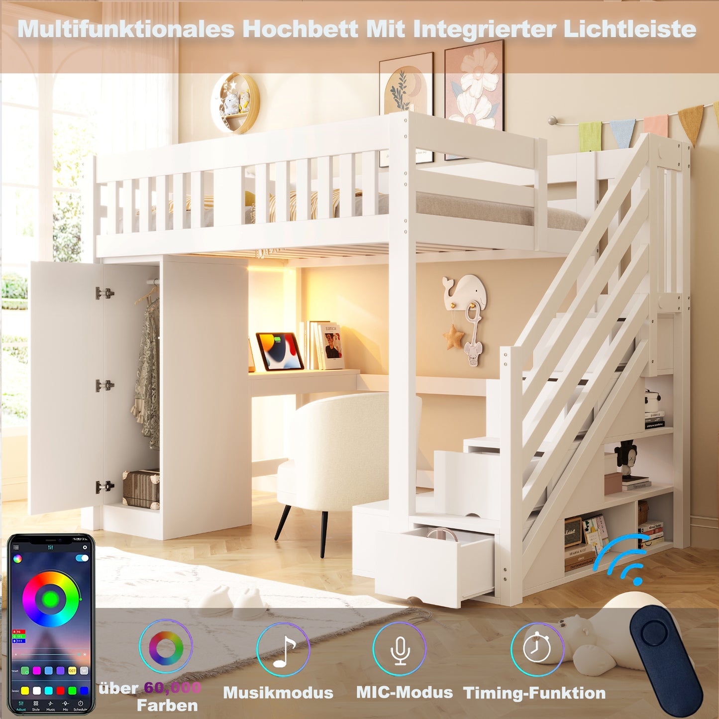 Wooden Bed, Stairs with Storage, and Desk Set