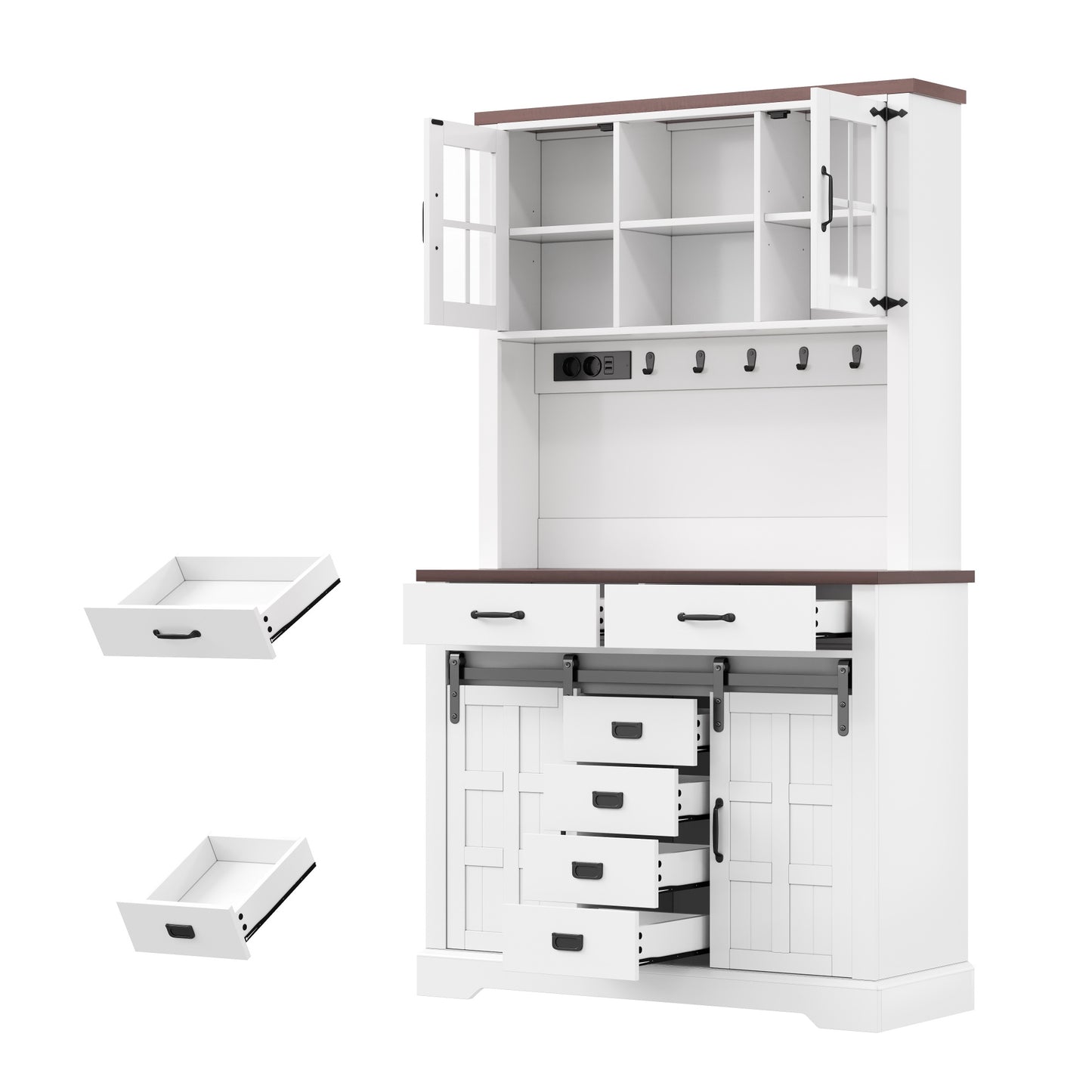 Küchenschrank, Buffetschrank, Sideboard mit Steckdose und LED-Beleuchtung, Küchenmöbel mit Arbeitsplatte, 6 Schubladen, verstellbare Einlegeböden, Haken, 180 × 108 × 40 cm, Weiß